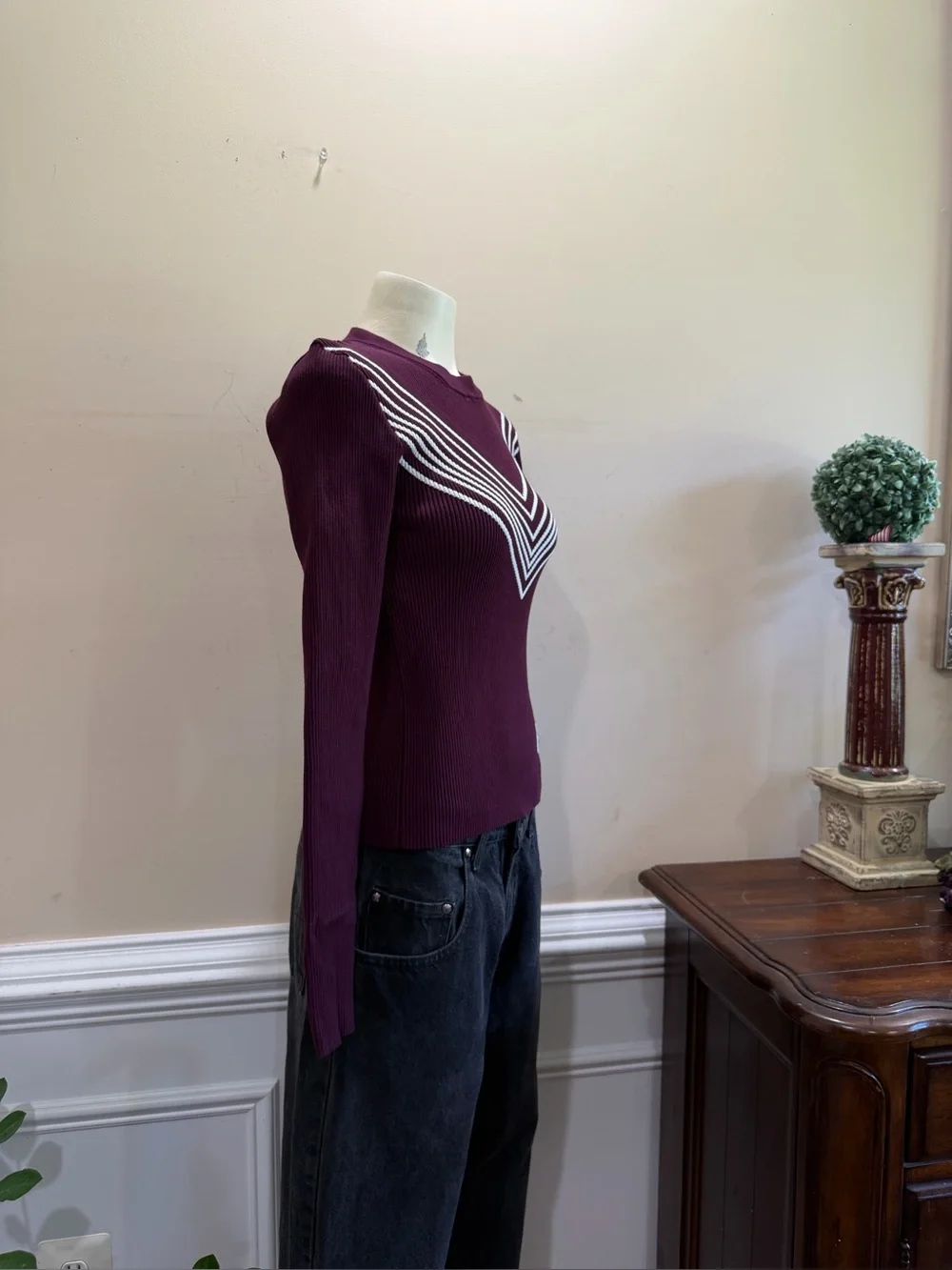 Tory Burch Plum Ribbed Sweater with White Chevron Stripes